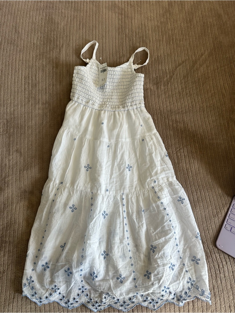 Abercrombie & Fitch White Cotton Smocked Sundress with Blue Embroidery